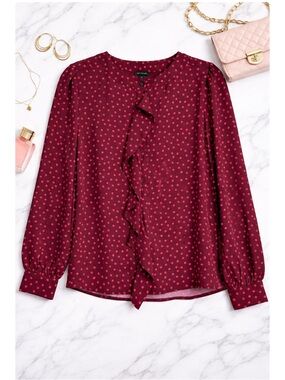 Ann Taylor Burgundy Blouse with Hot Pink Polka Dots and Ruffle Front